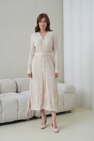 Kadın V Yaka Ful Düğme Kapama Kemer Detay Maksi Boy Fitilli Triko Elbise Taş