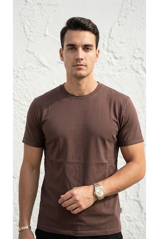 Plus Scorpion T02 Kol Katlama Erkek Slim Fit Basic Tişört Bisiklet Yaka, Düz Kumaş, Yazlık Model Kahverengi