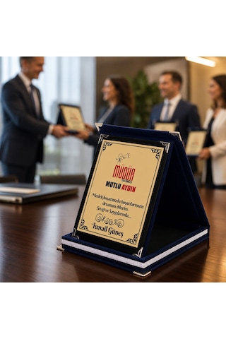 Logonuza Özel 5 Adet Mesajlı Lacivert Kadife Albüm Plaket Kurumsal Ödül Ve Teşekkür Seti