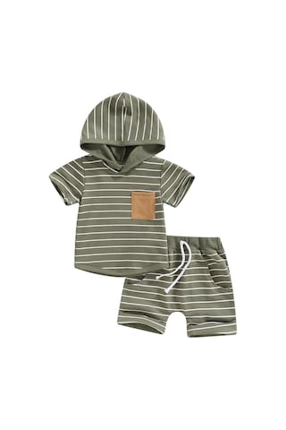 Haki Erkek Bebek Yaz Kıyafetleri Çizgili Kısa Kollu Kapşonlu Kazak Ve Günlük Elastik Büzgülü Şort Takım 0 - 6 Ay Haki
