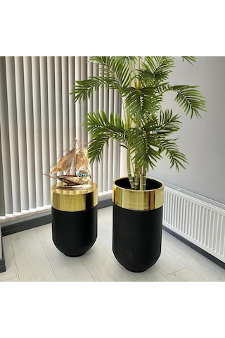 Dekoratif Gold Darbuka Siyah Saksı 70 Cm+sehpa 60 Cm İkili Set