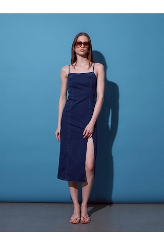 Dilvin 90584 Denim Yırtmaçlı Elbise-mavi-15321