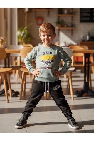 Zekids Erkek Çocuk Pamuklu Step Out Baskılı Eşofman Takımı-16348 Yeşil