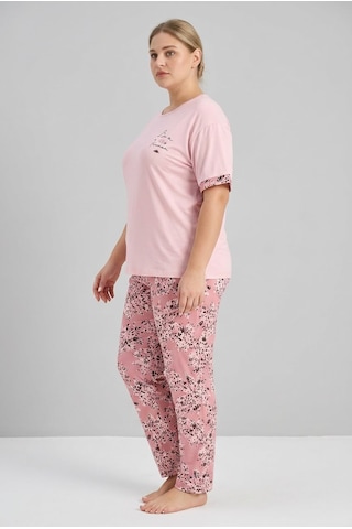 Lukitus Büyük Beden Kısa Kollu Milan Kumaş Kadın Pijama Takımı Açık Pembe
