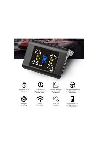 Youmex "4 Sensörlü Kablosuz Tpms Araç Lastik Basınç Monitörü - Solar Şarjlı Büyük Ekran" Siyah