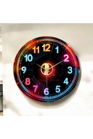 Dijital Görünümlü Neon Renkli Baskı Desenli Sayılı Hediyelik Ahşap Sessiz Duvar Saati 50cm ÇOk Renkli