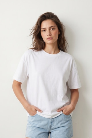 Elemge Pamuk Süprem Kadın Boxy Fit Beyaz T-shirt Bol Kesim Düşük Omuzlu Bisiklet Yaka Oversize Tişört