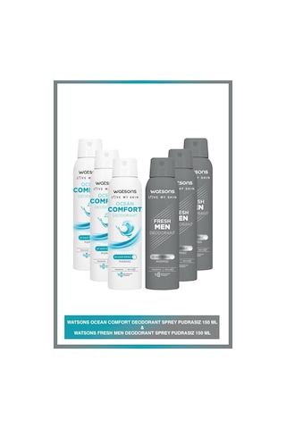 Watsons Ocean Comfort Pudrasız Deodorant Sprey 150 Ml X 3 + Fresh Men Pudrasız Deodorant Sprey 150 Ml X 3