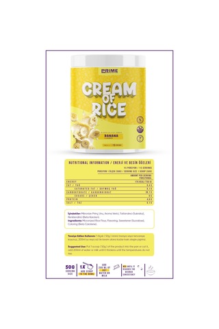 Prime Nutrition Cream Of Rice 750 Gram Banana Muz Aromalı