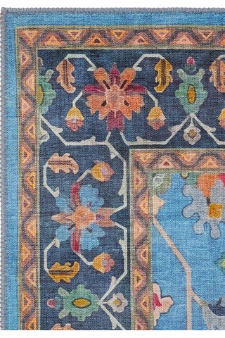 Cool Halı Beylerbeyi By 845 Mavi Halı Çiçek Desenli Otantik Ev Salon Halısı Yıkanabilir Şönil Halı