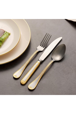 Hisar İnfinity 84 Parça 12 Kişilik Çatal Kaşık Bıçak Takımı Eskitme Dekor Altın Inox