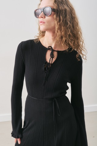 Volanlı Lastik Örgü Tunik Siyah Siyah