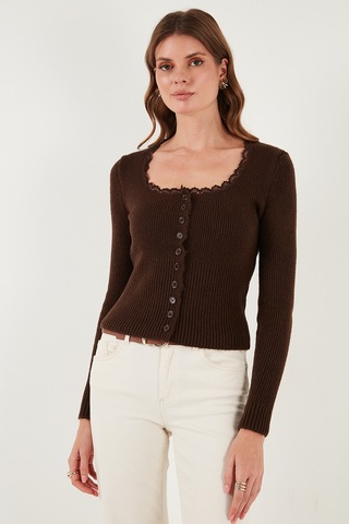 Lela Premium Slim Fit Dantel Detaylı Yaka Örme Bayan Hırka 680Hi00061 Kahve