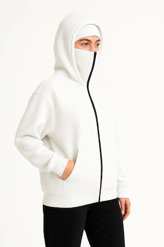 Kadın Samuray Ninja Çift Kapşonlu Zıp Fermuarlı Kanguru Çepli Hoodie Maske Detaylı Swetshirt - Beyaz Beyaz