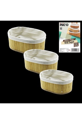 3 Boy Oval Organizer Sepet - Bambu Kenarlı, Ahşap Tabanlı, Bezli Çok Renkli