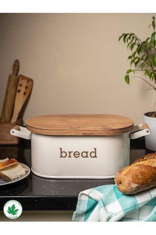 Ahşap Kapaklı Ahşap Kulplu Metal Ekmeklik Bread Baskılı - Krem Krem