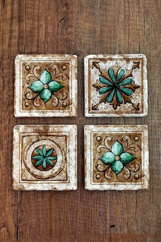 Doğaltaş Bardak Altlığı 4'lü Set - Hint Desenler Baskılı Stone Coasters Çok Renkli