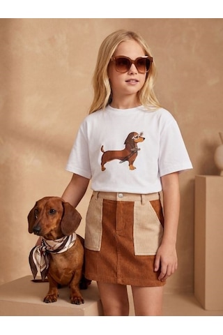 Zekids Kız Çocuk Köpek Baskılı Taş Detaylı Tasarım T-shirt-17187 Beyaz