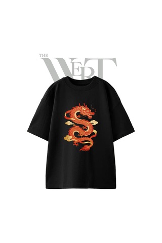 Thewert Red Chinese Dragon Tasarım Baskılı Ünisex Siyah Oversize T-shirt