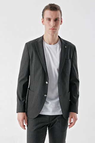 Morven Erkek Lacivert Poliviskon Trend Çizgili Desen Slim Fit Mono Yaka Takım Elbise Lacivert