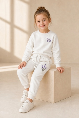 Rony Pony Kids Kız Çocuk Krem Kelebek Ve Lavanta Nakışlı Pamuklu 2 İplik Sweatshirt Eşofman Takımı Beyaz Mor