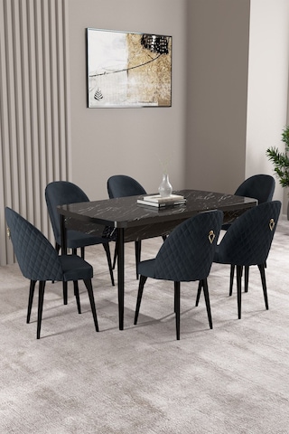 Milas Siyah Mermer Desen 80x132 Mdf Açılabilir Mutfak Masası Takımı 6 Adet Sandalye Antrasit
