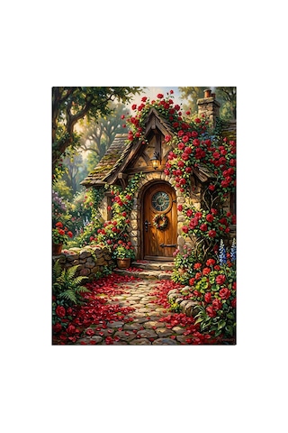 Güllü Kapılı Masal Evi Bahçesi Dekoratif Kanvas - Mdf Ahşap Tablo