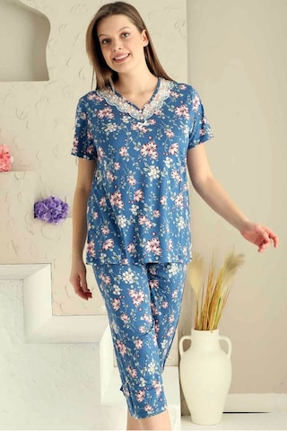 Alimer Kadın İndigo Dantelli V Yaka Bermuda Pijama Takım Edy2708i İndigo