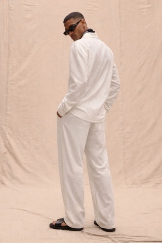 Tarz Cool Erkek Haki Tencel Kumaş Oversize Gömlek Pantolon Takım Rahat Kesim Yazlık Kombin Beyaz