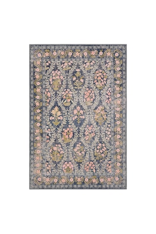 Cool Halı Daisy Kömür Mavi Bohem Halı Yıkanan Çiçek Desenli Dokuma Şönil Halı Otantik Vintage Halı