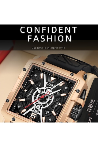 Yashıdun 5071 Şık Kare Kuvars İzle Silikon Kayış Erkekler Aydınlık Bilek Saati - Siyah Kadran / Kırmızı Kayış