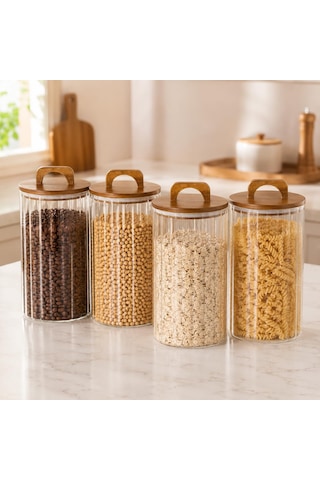 3200 Ml Zahire Kavanozu 4'lü Set, Ahşap Kapaklı Kulplu Cam Erzak Saklama Kabı, Büyük Boy Bakliyat Makarna Kahve Kuruyemiş Saklama Kavanozu, Ribbed Cam Mutfak Düzenleyici Kavanoz Seti Çok Renkli