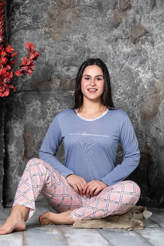 Lukitus Sıfır Yaka Uzun Kol Pamuk Kadın Pijama Takımı Mavi