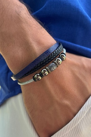 El İşçiliği İle Üretilmiş Hakiki Deri Erkek Bileklik Mavi