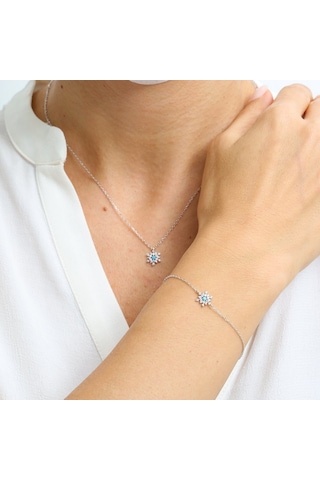 Mia Vento Firuze Detay Işıltılı Kar Tanesi İkili Gümüş Set