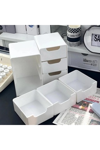 1 Adet Mini Üç Katlı Çekmeceli Masaüstü Saklama Kutusu, Ofiste Takı Ve Kozmetik Saklamak İçin Mükemmel, Küçük Beyaz Şeffaf