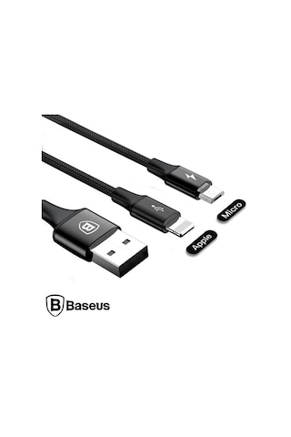 Baseus Rapid Series 2In1 Apple iPhone Uyumlu+ Micro Usb 3.0A Usb Kablo Şarj 1
