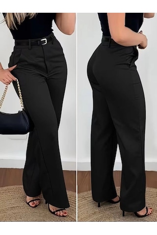 DefyModa Kadın Yüksek Bel Kemersiz Atlas Pantolon Siyah