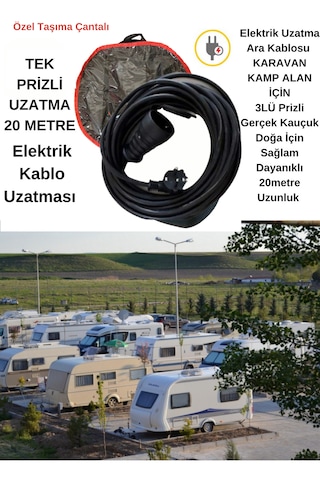 20metre Elektrik Tekli Priz - 3x2,5mm Çantalı Uzatma Şarj Kablosu Kamp Karavana Ara Elektrik Kablo 20 M