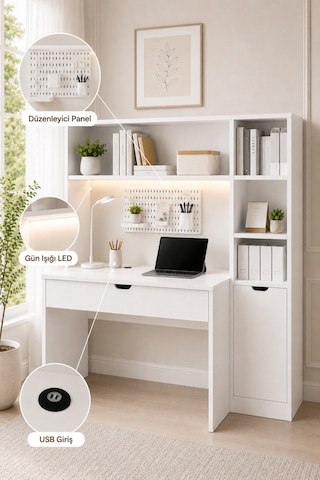 Bilgisayar Masası, Veni Ledli Usb Girişli Çalışma Masası Kitaplıklı Beyaz