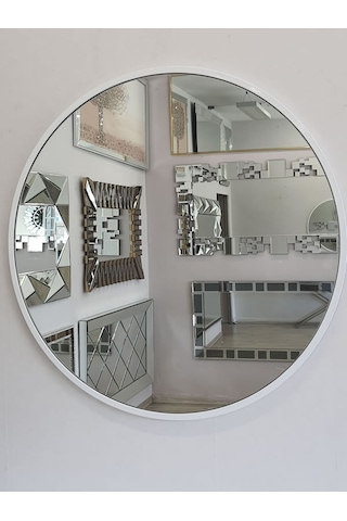 Ayna Denizi Circle Eighty White Model Beyaz Renk Metal Çerçeveli Yuvarlak Dekoratif Ayna Beyaz
