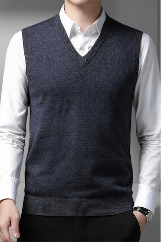 Tezzgelsin Erkek V Yaka Triko Tüylenmez Süveter Erkek Slim Fit Süveter Koyu Füme