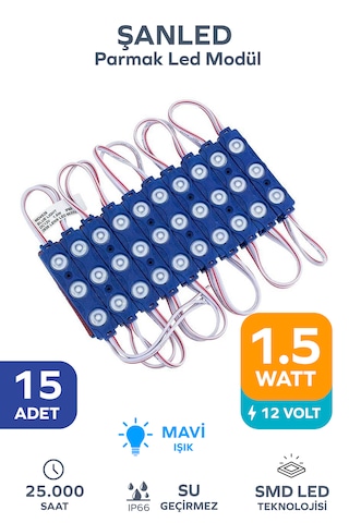 3 Ledli Parmak Led Modül 1.5w 2835 Smd Mercekli Mavi Renk 12v 15 Adet