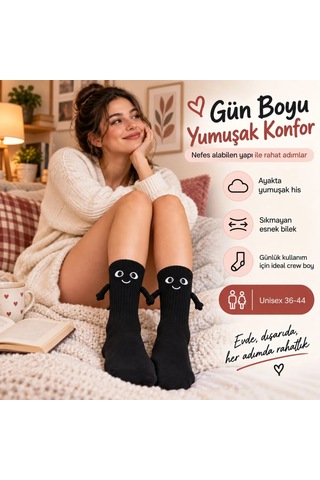 Womanandkids Wak Mıknatıslı El Ele 2'li Unisex Tutuşan Sevimli Çorap 36-44 Çift Hediyesi, Pamuklu Renkli Crew M Siyah