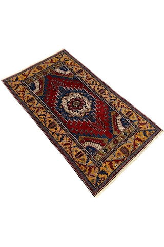 El Dokuması Eski Yaşlı Yahyalı Halısı 128x230 Kök Boyası Renkli %100 Yün Halı Kırmızı