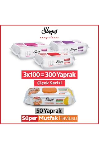 Sleepy Easy Clean Çiçek Serisi&Portakal Yağlı Süper Mutfak Yüzey Temizlik Havlusu&Mendili(3x100+50)