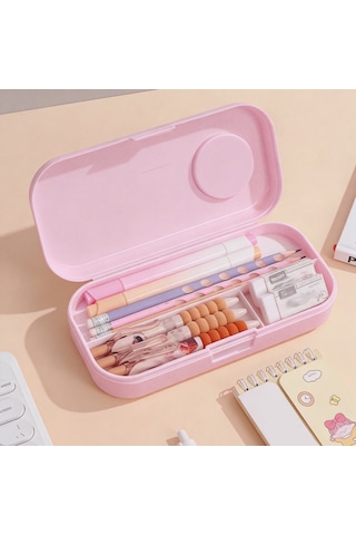 Sevimli Kawaii Figürlü Kalem Kutusu Çok Bölmeli Çift Katlı Büyük Kapasiteli Kalem Kutusu Sticker'lı Kalem Kutusu Sticker Yapıştırılabilir Kalemlik Sticker Kalemlik Pembe