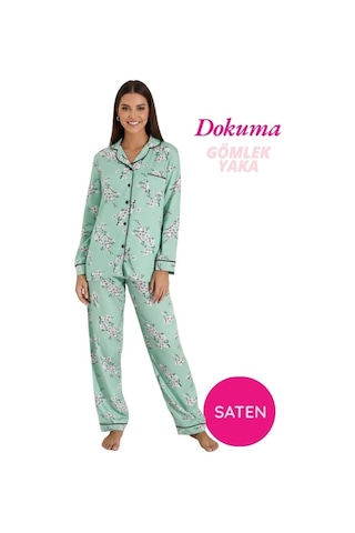 Guava Kadın Maskülen Önden Düğme Gömlek Yaka Dokuma Saten Göğüs Cepli Mevsimlik Uzun Kol Pijama Takımı Yeşil