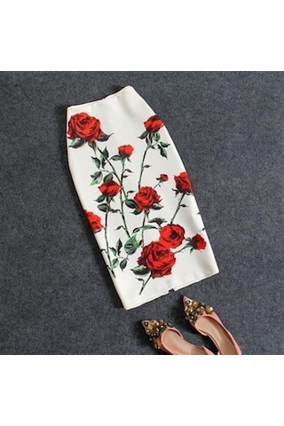 Kırmızı Yaz Karikatür Baskı Zarif Kalem Etek Kadın Bodycon Yüksek Bel Diz Boyu Etek Kadın M Kırmızı