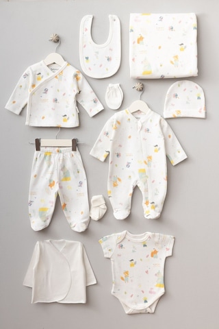 Bebitof Sevimli Tilki Ve Ayıcık Desenli 10 Parça Kutulu Yenidoğan Hastane Çıkışı Zıbın Seti Ekru